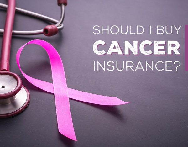 Image That Shows A Stethescope and Pink Ribbon Denotes Cancer Awareness with a text that should i buy cancer insurance.
